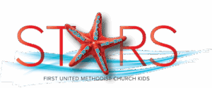STARS Children's Ministry logo — First United Methodist Church Kids, featuring a red starfish with the words Follow, Love, Pray, Bless, and Shine.