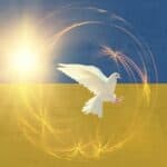 White dove in flight over the Ukrainian flag, with a glowing circle of light, symbolizing peace and hope for Ukraine