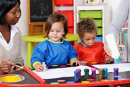 Children engaging in arts and crafts at an early care center with teacher supervision.