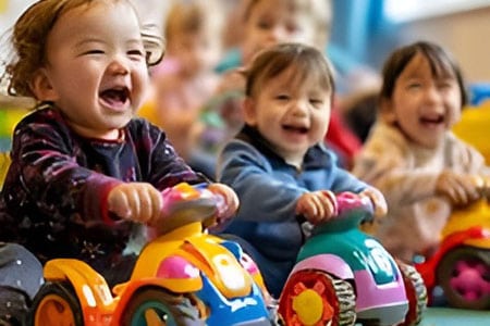 Children playing with colorful ride-on toys in a preschool setting.