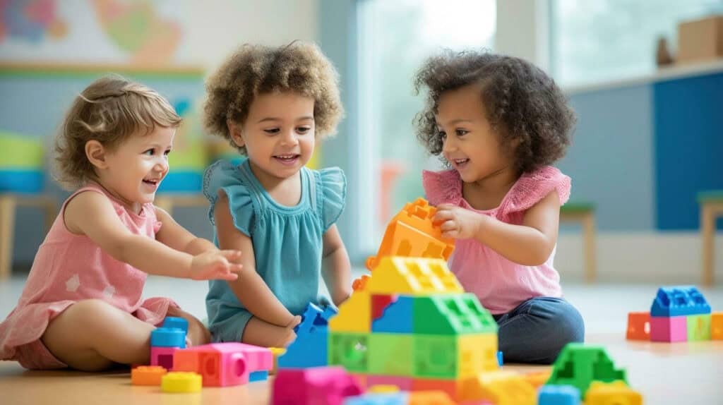 Three young children playing with colorful building blocks in a bright classroom.