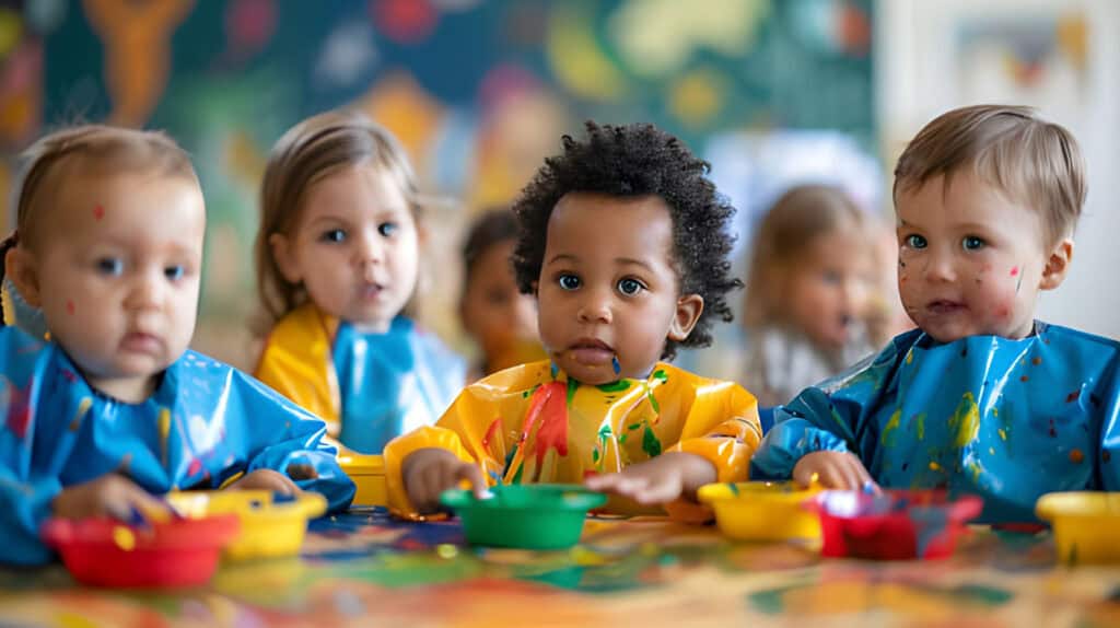 Children in colorful smocks enjoying a painting activity at the early care center.