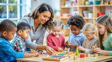 Children and teacher engaging in educational activities at a preschool.
