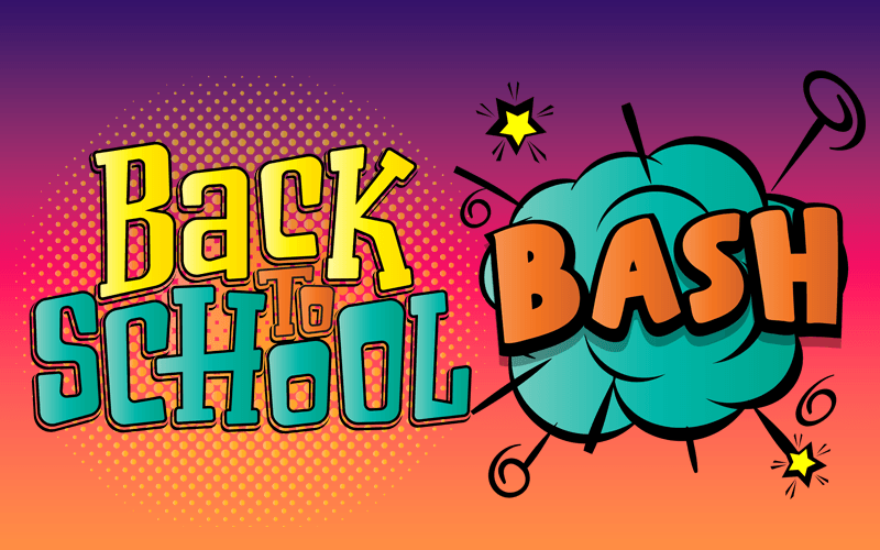 Colorful back to school bash graphic with pumpkins and stars.