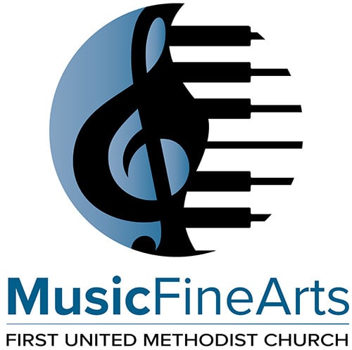 Music Fine Arts logo with piano keys and musical note at First United Methodist Church.